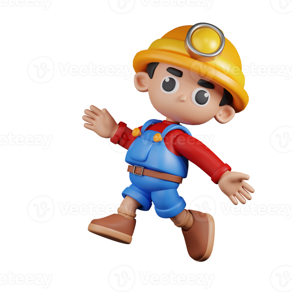3d Character Miner Happy Jumping Pose. 3d render isolated on transparent backdrop. png