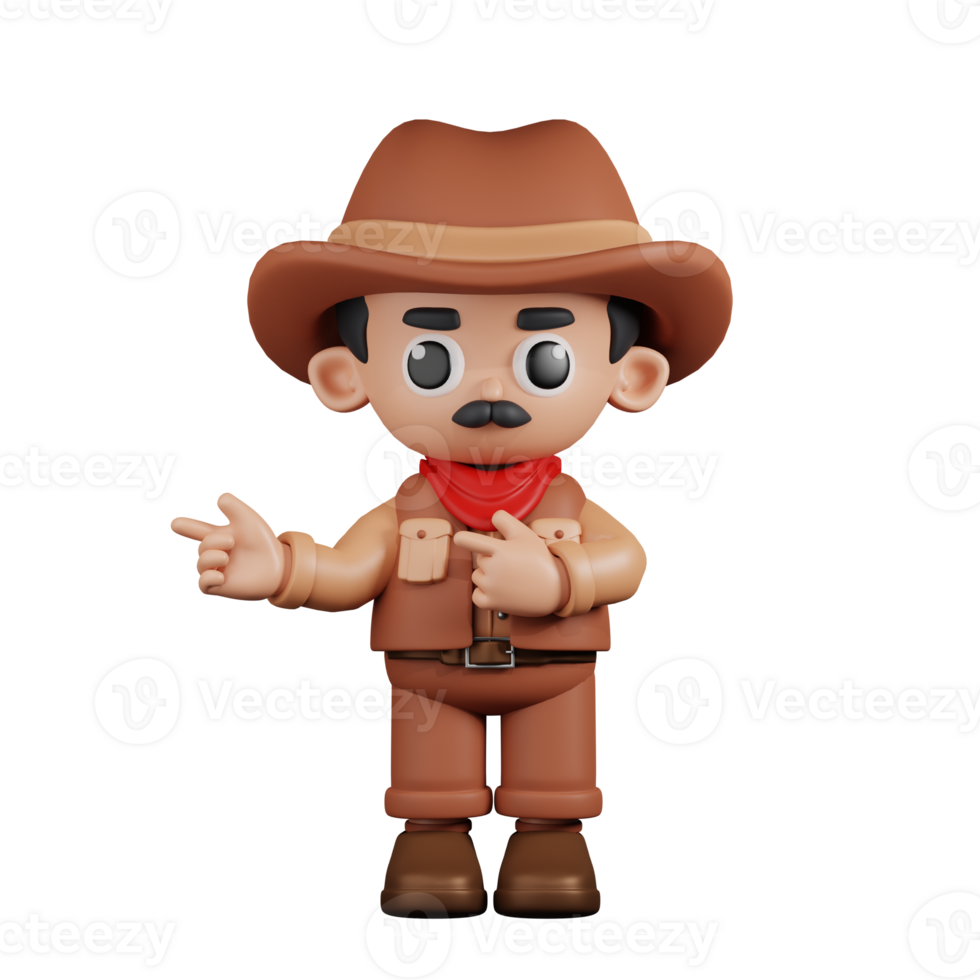 3d personaggio cowboy puntamento dita nel direzione posa. 3d rendere isolato su trasparente sfondo. png