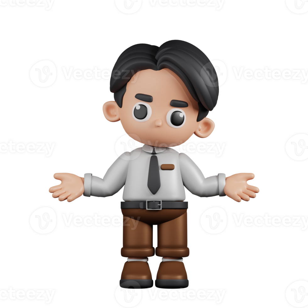 3d Character Businessman Doing The No Idea Pose. 3d render isolated on transparent backdrop. png