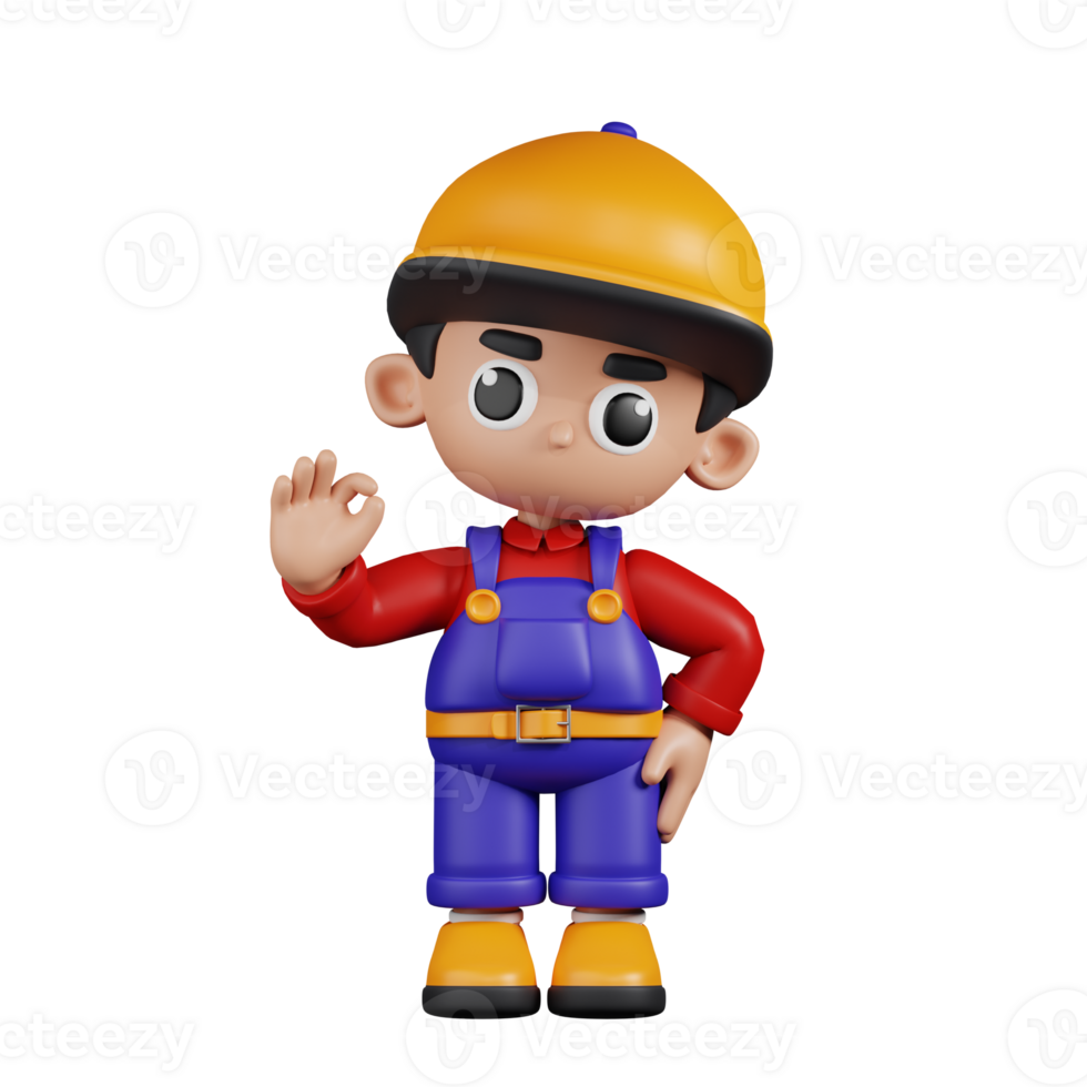 3d Character Mechanic Giving Ok Sign Pose. 3d render isolated on transparent backdrop. png