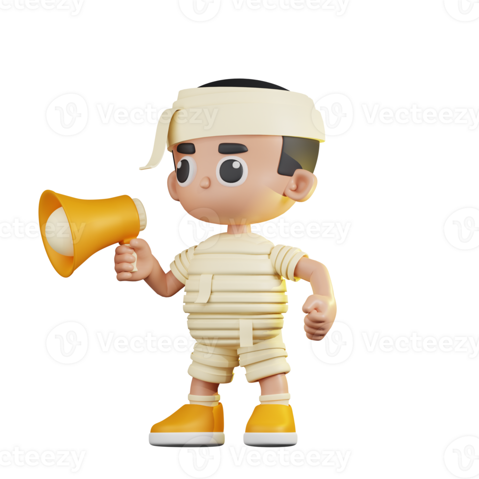 3d Character Mummy Yelling on a Speaker Pose. 3d render isolated on transparent backdrop. png