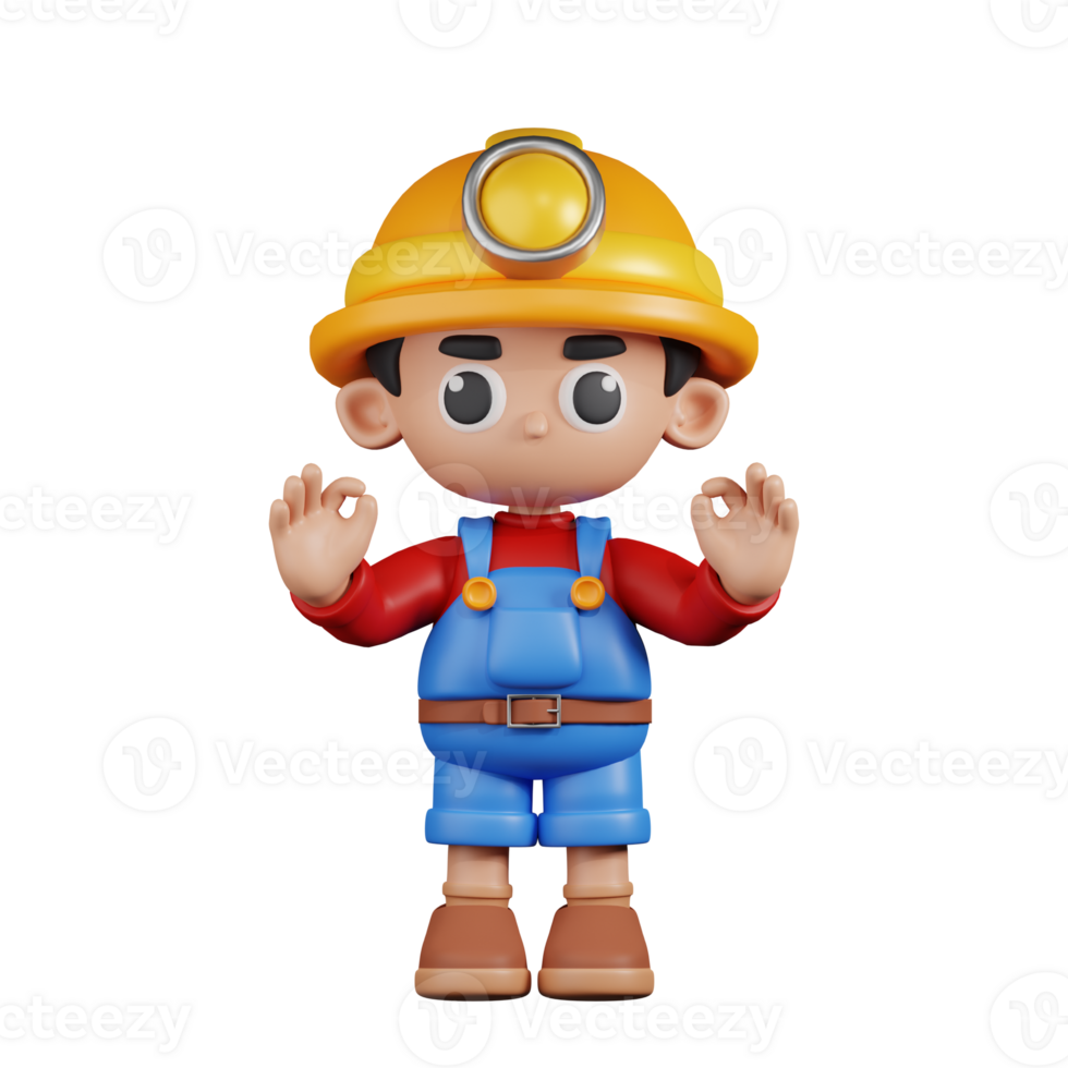 3d Character Miner Giving Ok Hand Gesture Pose. 3d render isolated on transparent backdrop. png