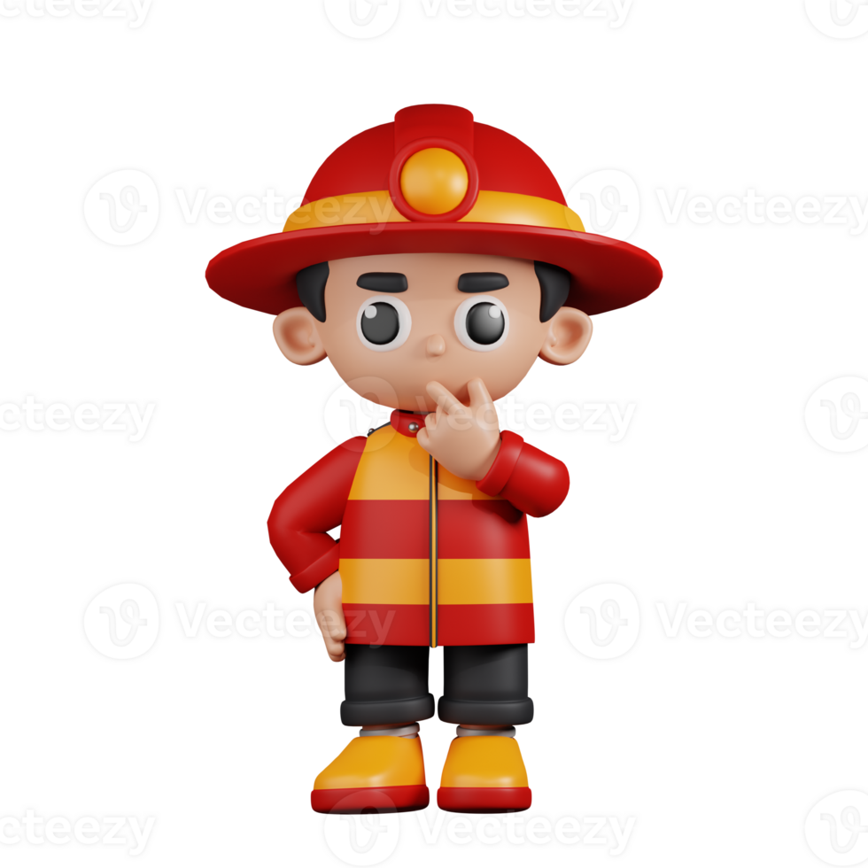 3d Character Firefighter Curious Pose. 3d render isolated on transparent backdrop. png