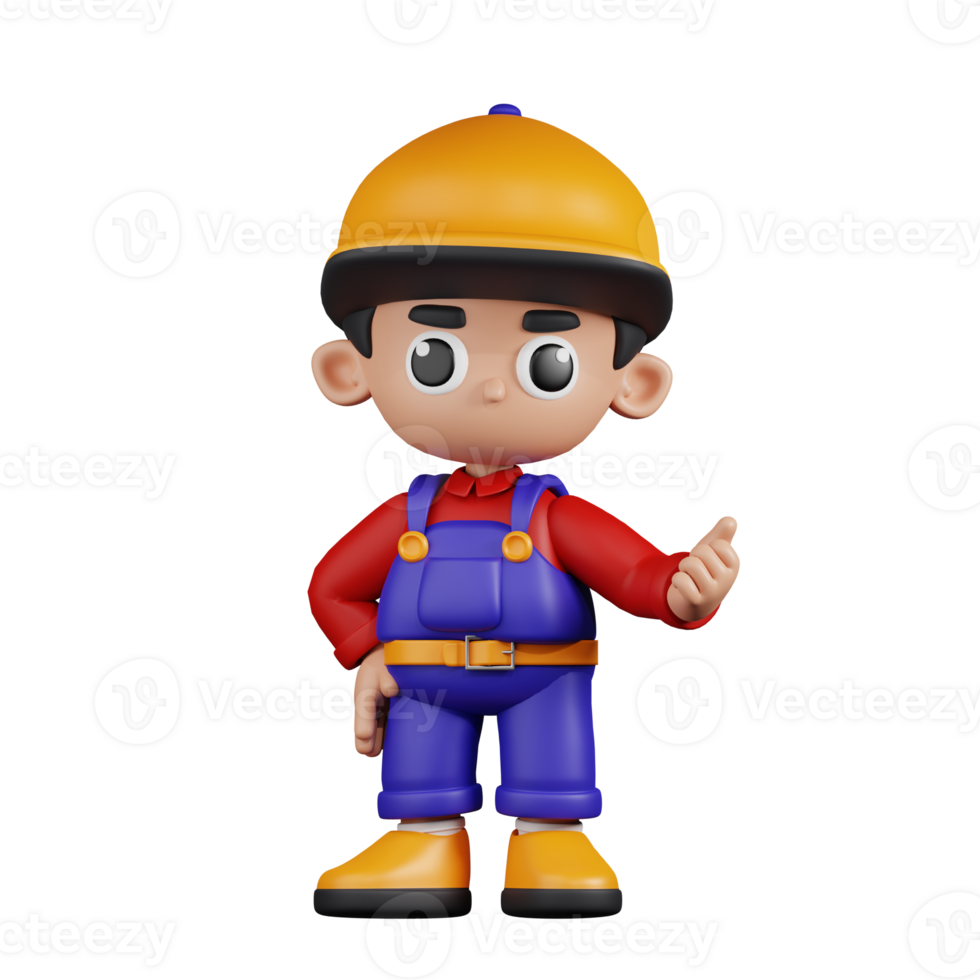 3d Character Mechanic Pointing Next Pose. 3d render isolated on transparent backdrop. png