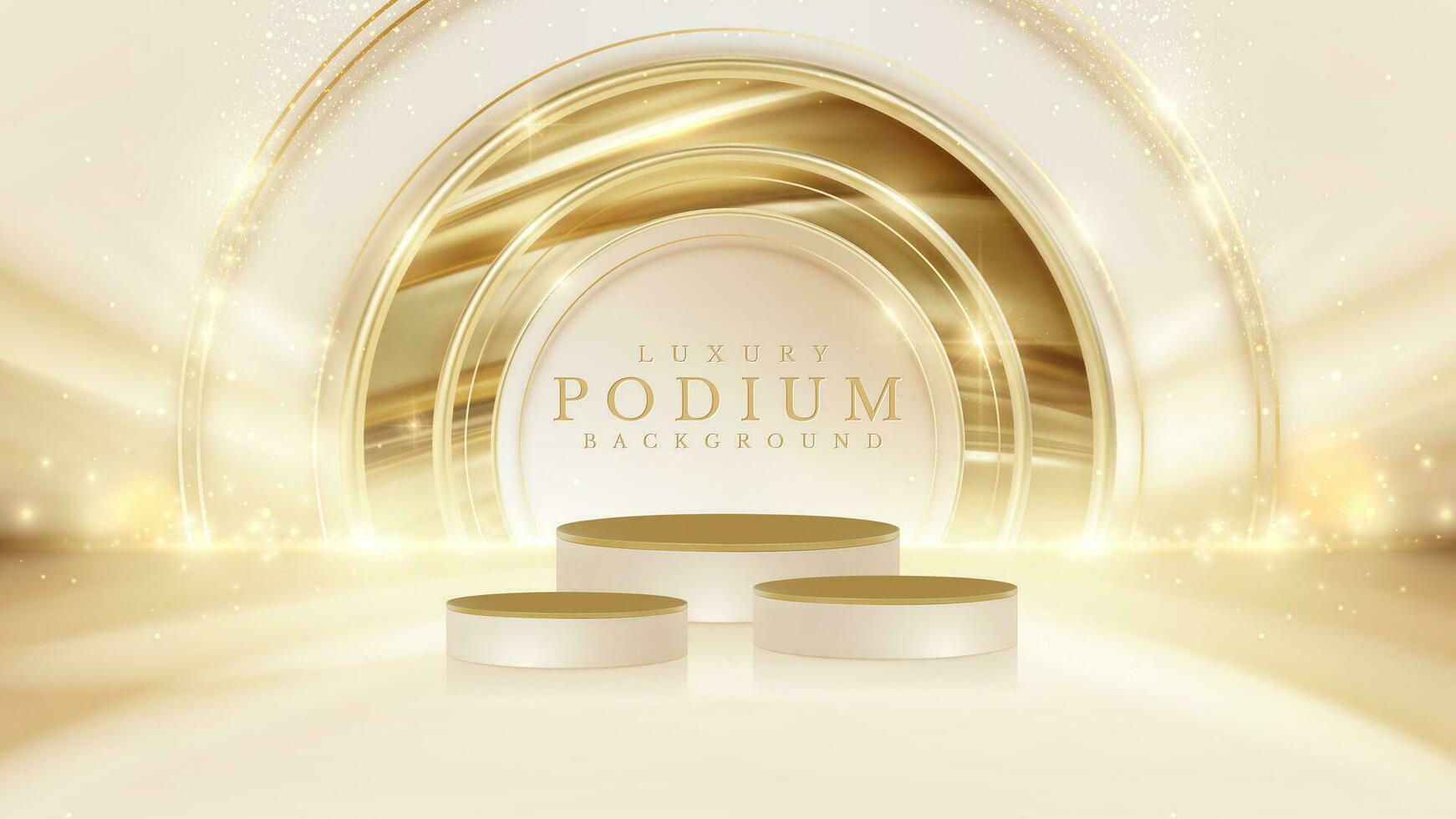 Realistic cream 3d podium pedestal with gold curve on back and light effect decoration and bokeh. Vector illustration.