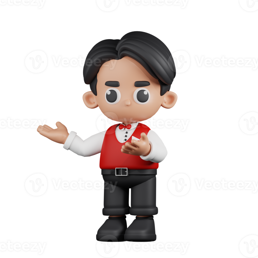 3d Character Waitress Presenting Pose. 3d render isolated on transparent backdrop. png