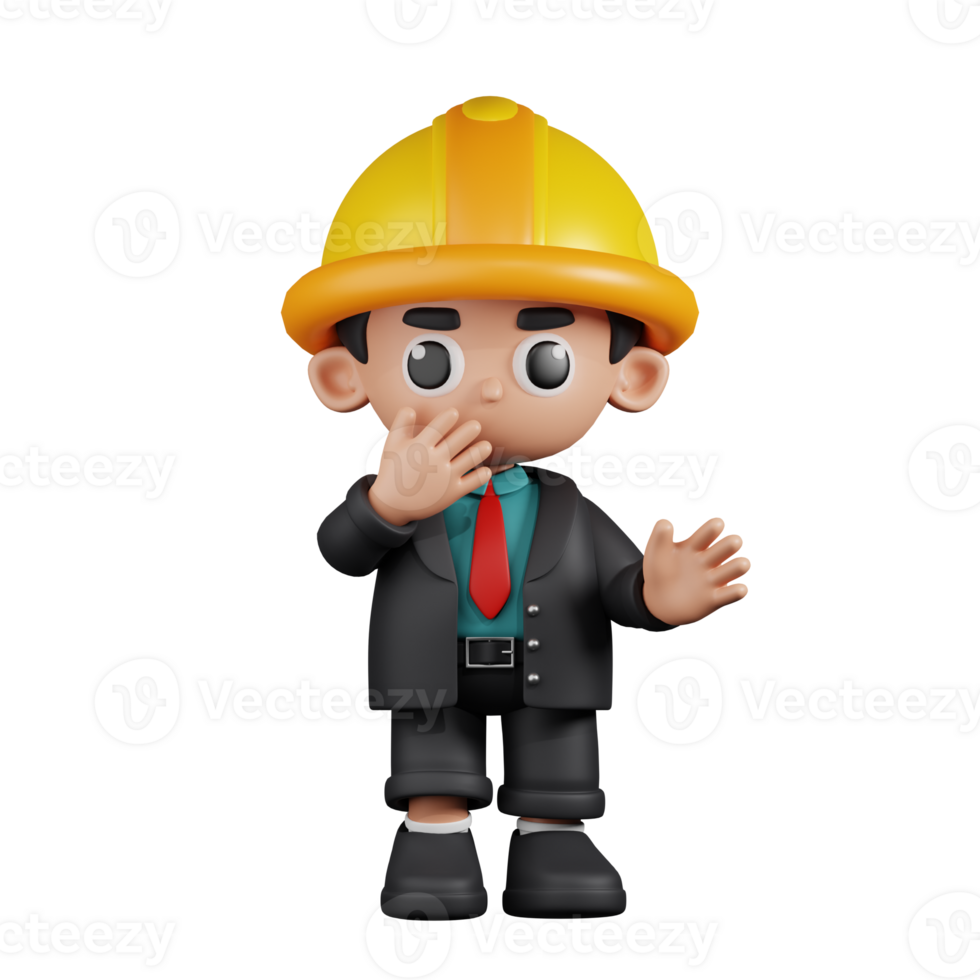 3d Character Engineer Surprised Pose. 3d render isolated on transparent backdrop. png