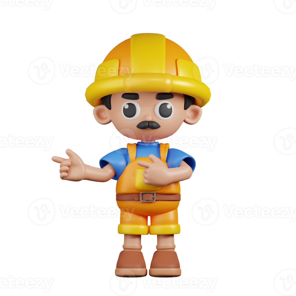 3d Character Builder Pointing Fingers In Direction Pose. 3d render isolated on transparent backdrop. png