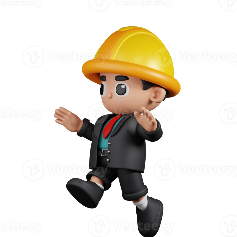 3d Character Engineer Jumping Pose. 3d render isolated on transparent backdrop. png