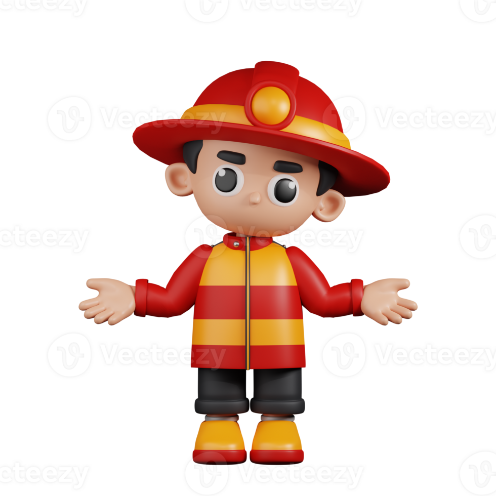 3d Character Firefighter Doing The No Idea Pose. 3d render isolated on transparent backdrop. png