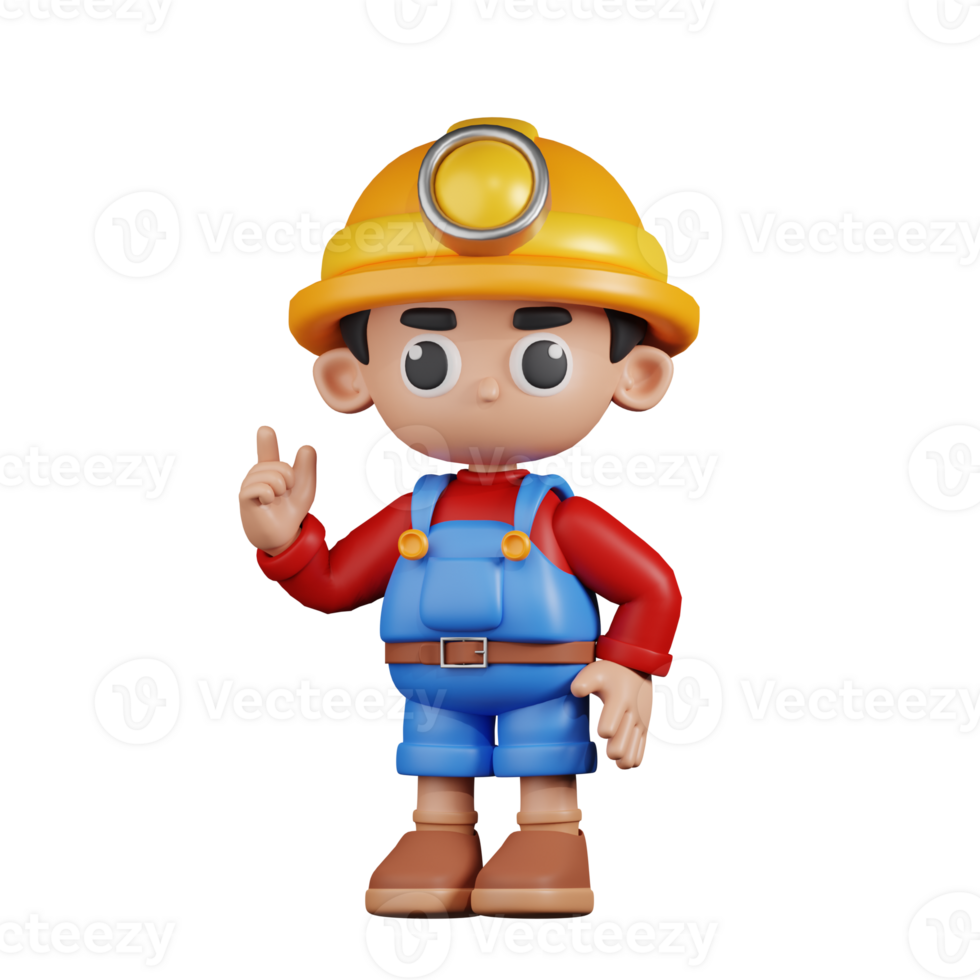 3d Character Miner Giving Advise Pose. 3d render isolated on transparent backdrop. png