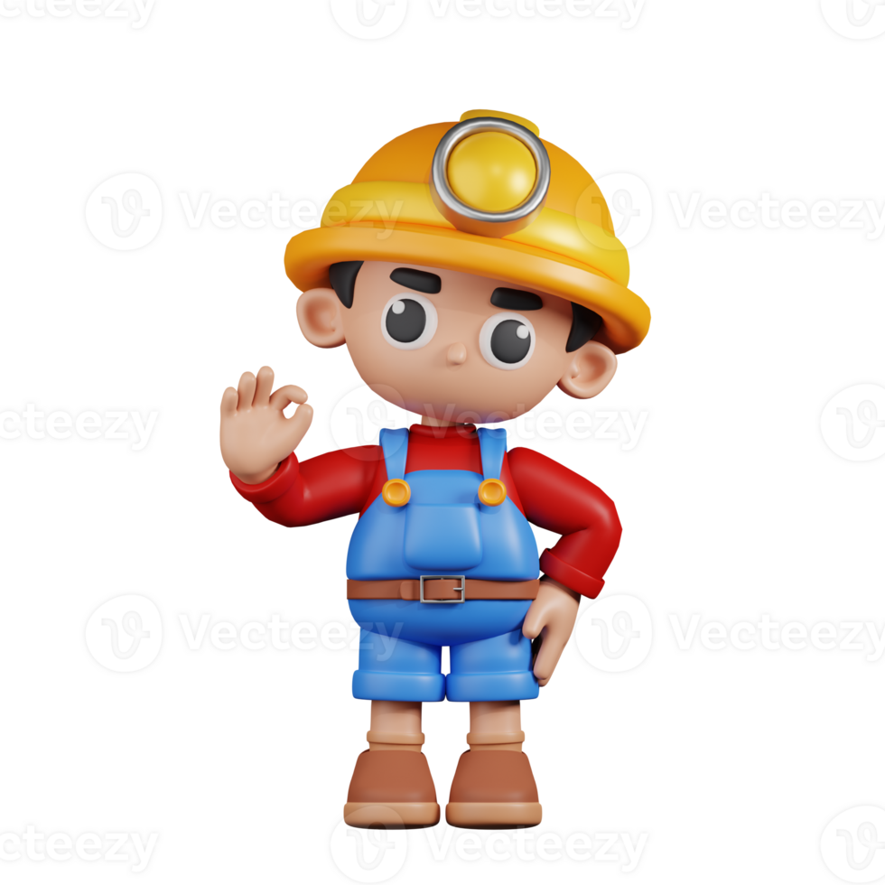 3d Character Miner Giving Ok Sign Pose. 3d render isolated on transparent backdrop. png