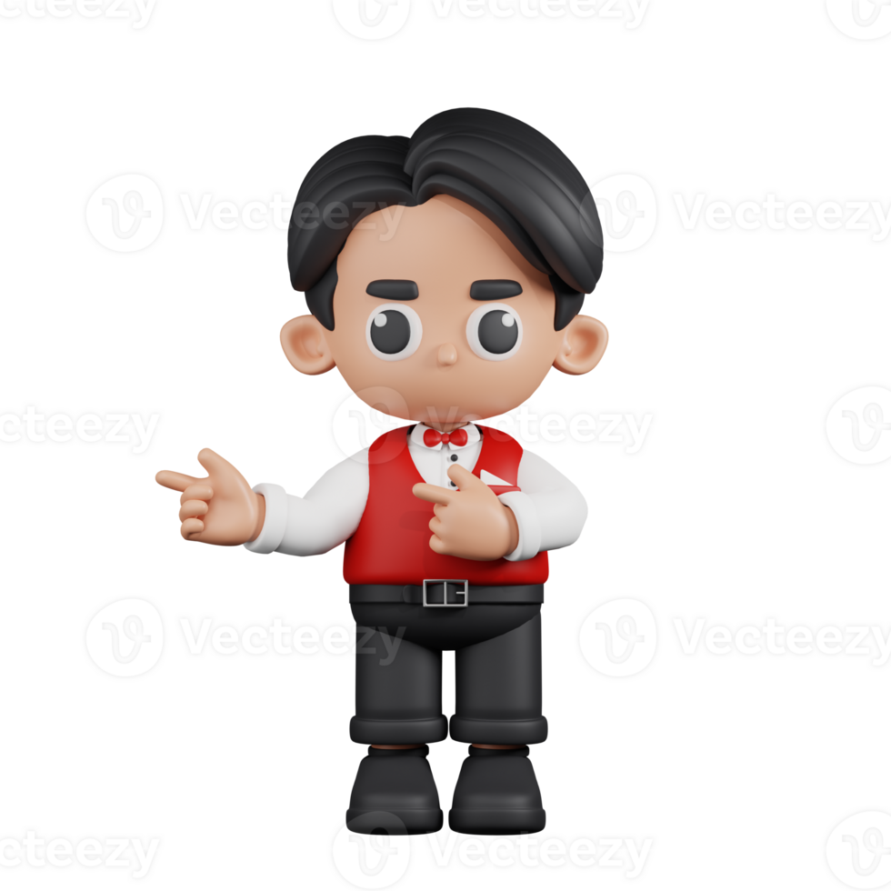 3d Character Waitress Pointing Fingers In Direction Pose. 3d render isolated on transparent backdrop. png
