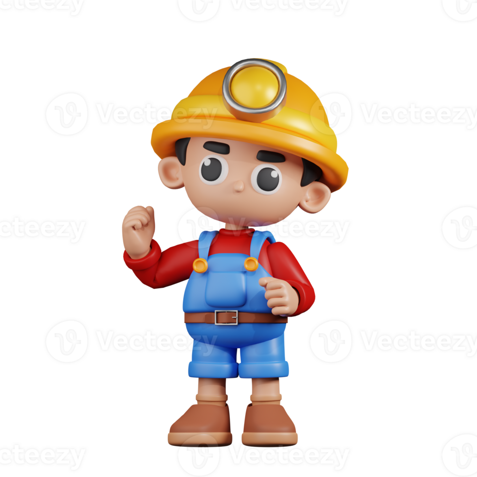 3d Character Miner Congratulation Pose. 3d render isolated on transparent backdrop. png