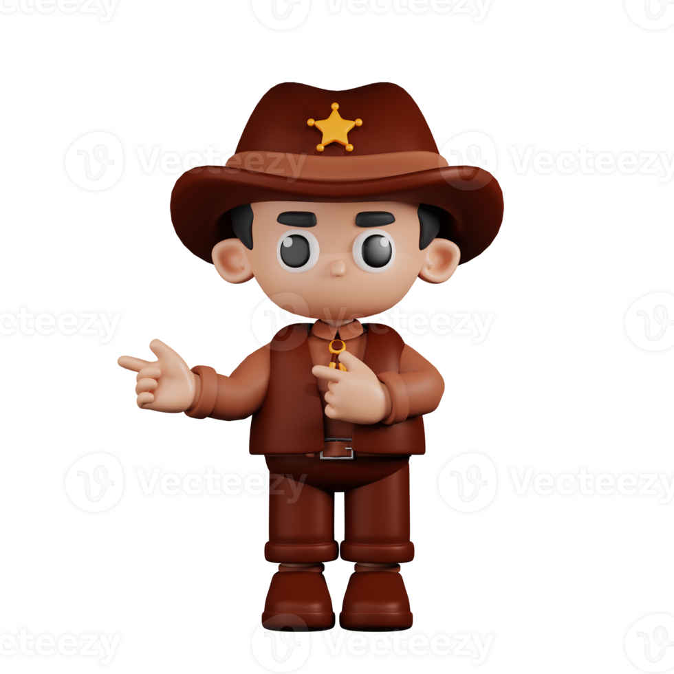 3d Character Sheriff Pointing Fingers In Direction Pose. 3d render isolated on transparent backdrop. png