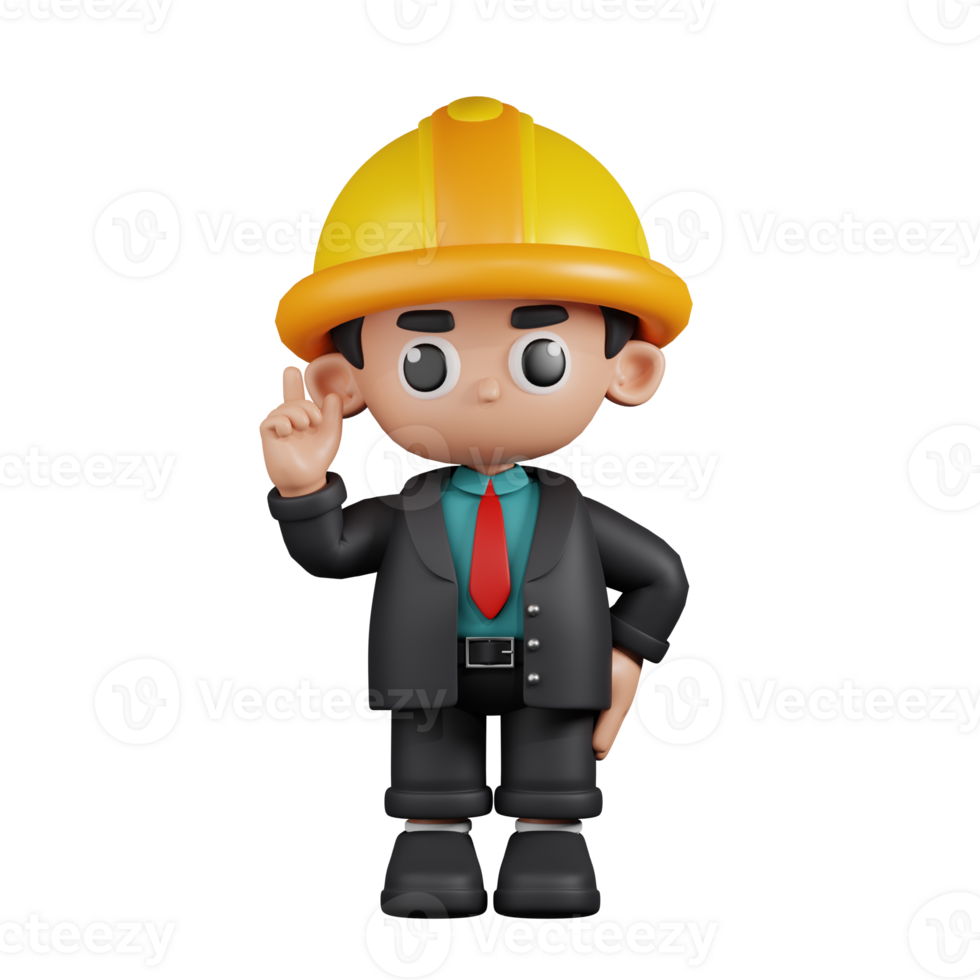 3d Character Engineer Pointing Up Pose. 3d render isolated on transparent backdrop. png