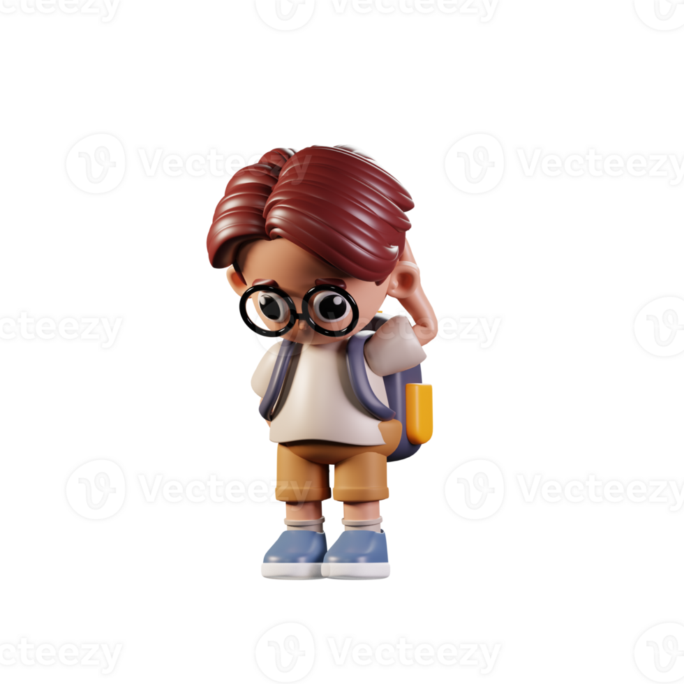 3d Character Student Worry Pose. 3d render isolated on transparent backdrop. png