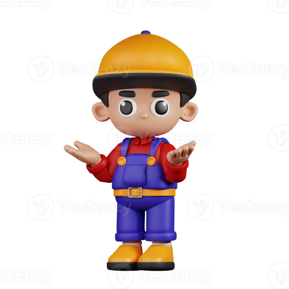 3d Character Mechanic Confused Pose. 3d render isolated on transparent backdrop. png