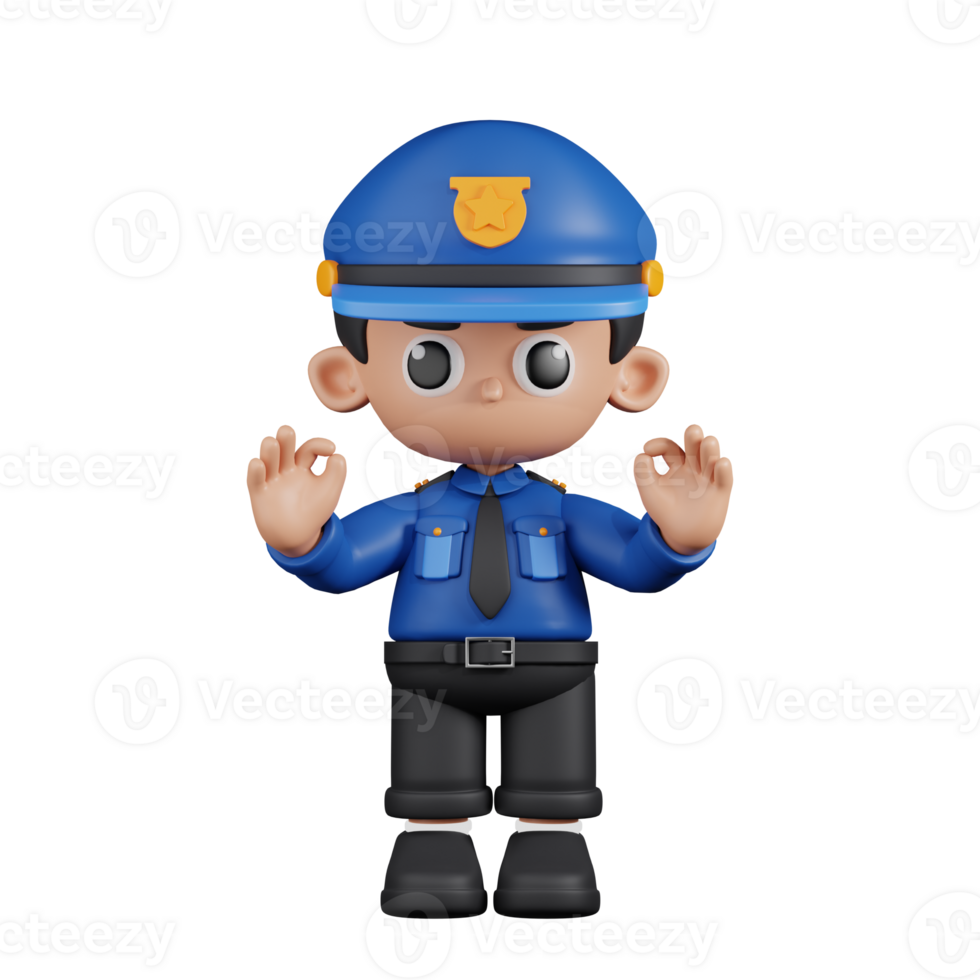 3d Character Policeman Giving Ok Hand Gesture Pose. 3d render isolated on transparent backdrop. png