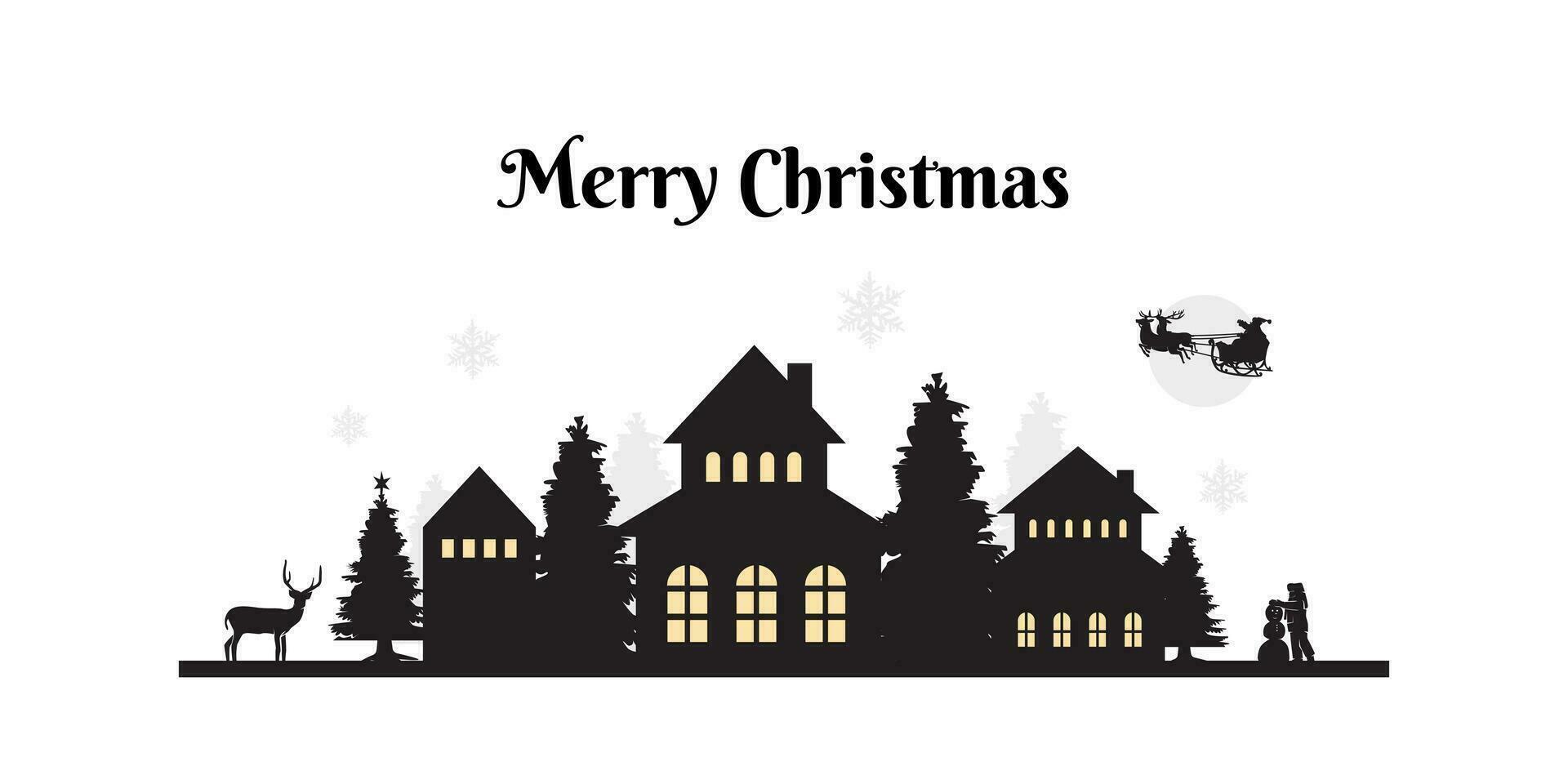 christmas scene silhouette, deer, christmas tree, santa sleigh and children building snowman vector