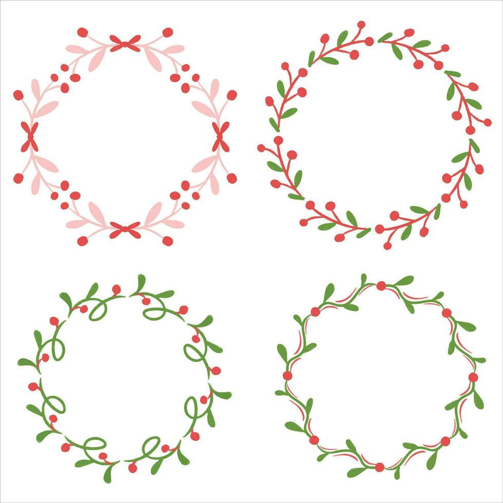 Collection of hand drawn Christmas wreaths with fir branches, red berries, leaves. Round frame for winter design such as Christmas card, poster, invitation, banner. Vector