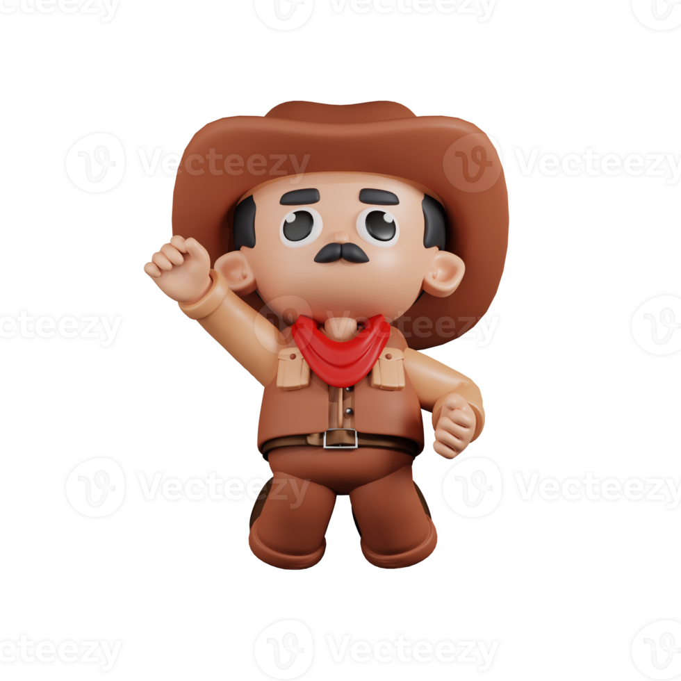3d Character Cowboy Jumping In The Air Pose. 3d render isolated on transparent backdrop. png