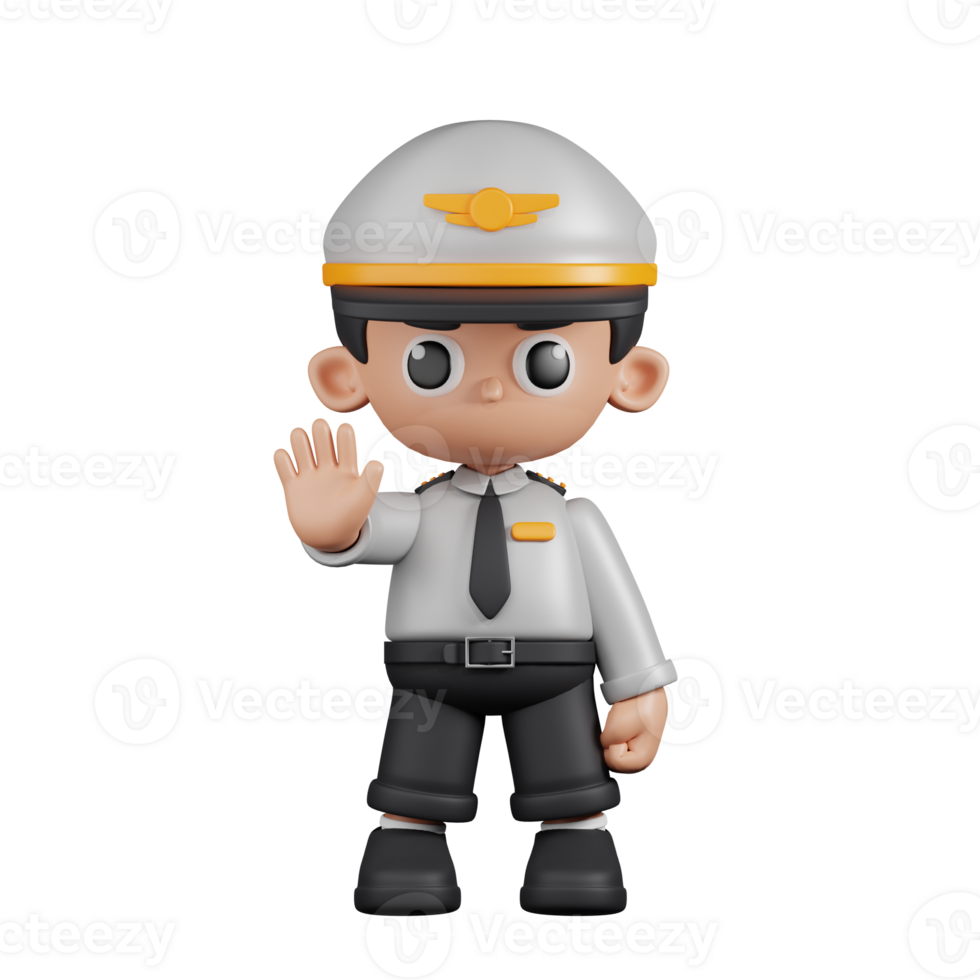 3d Character Pilot Doing The Stop Sign Pose. 3d render isolated on transparent backdrop. png