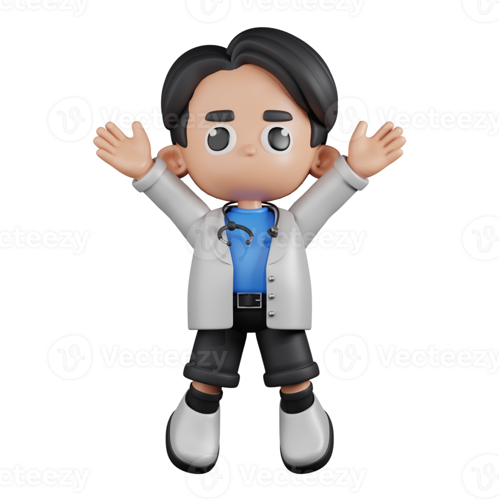 3d Character Doctor Jumping Celebration Pose. 3d render isolated on transparent backdrop. png