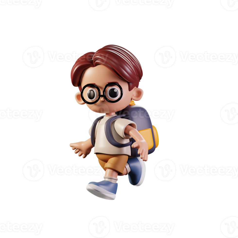 3d Character Student Running Pose. 3d render isolated on transparent backdrop. png