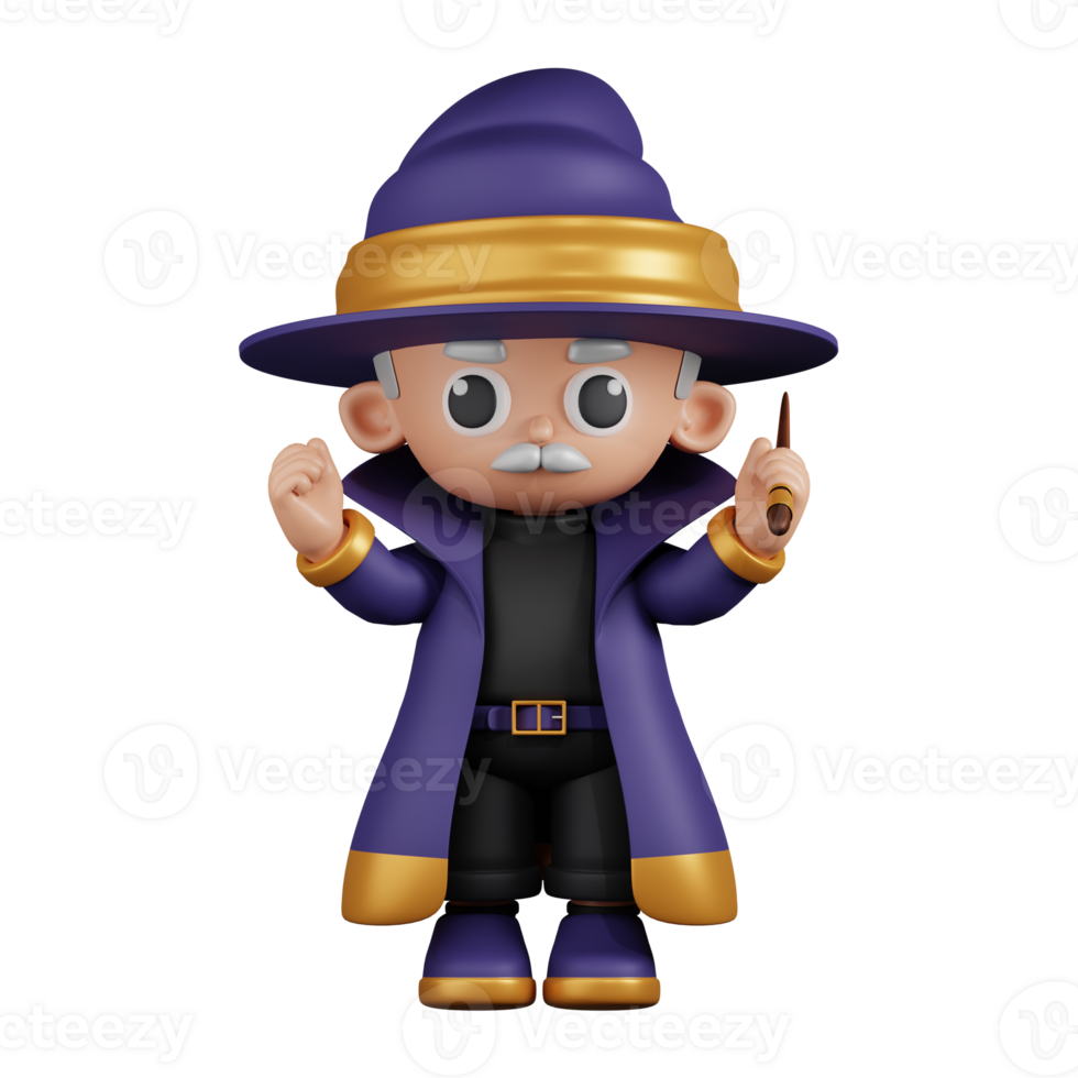 3d Character Wizard Excited Pose. 3d render isolated on transparent backdrop. png