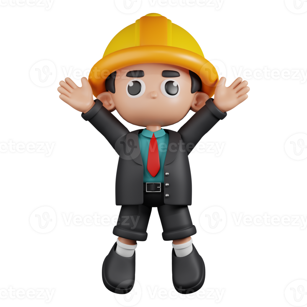 3d Character Engineer Jumping Celebration Pose. 3d render isolated on transparent backdrop. png
