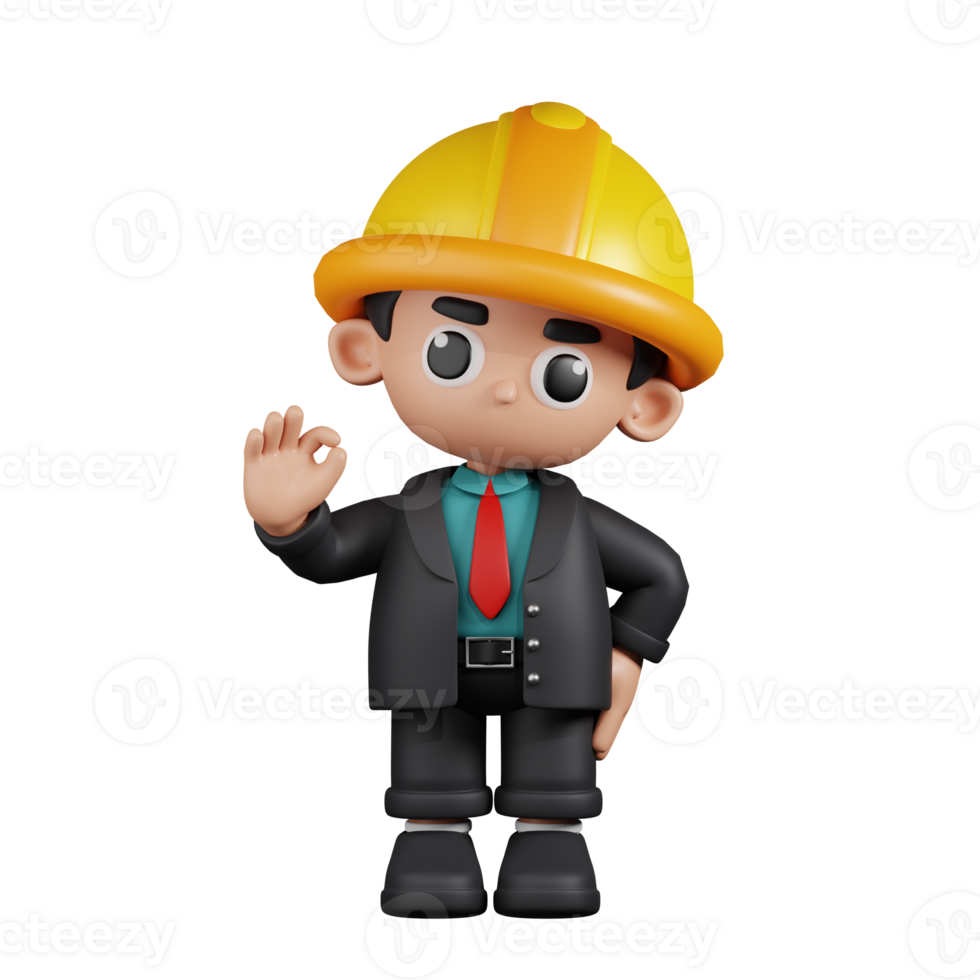 3d Character Engineer Giving Ok Sign Pose. 3d render isolated on transparent backdrop. png