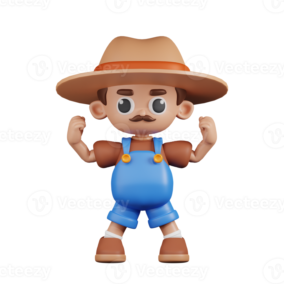 3d Character Farmer Looking Strong Pose. 3d render isolated on transparent backdrop. png