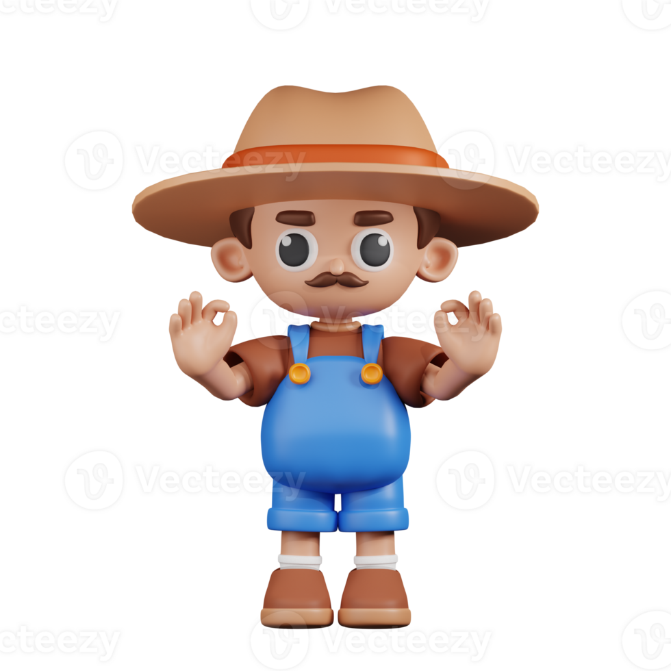 3d Character Farmer Giving Ok Hand Gesture Pose. 3d render isolated on transparent backdrop. png