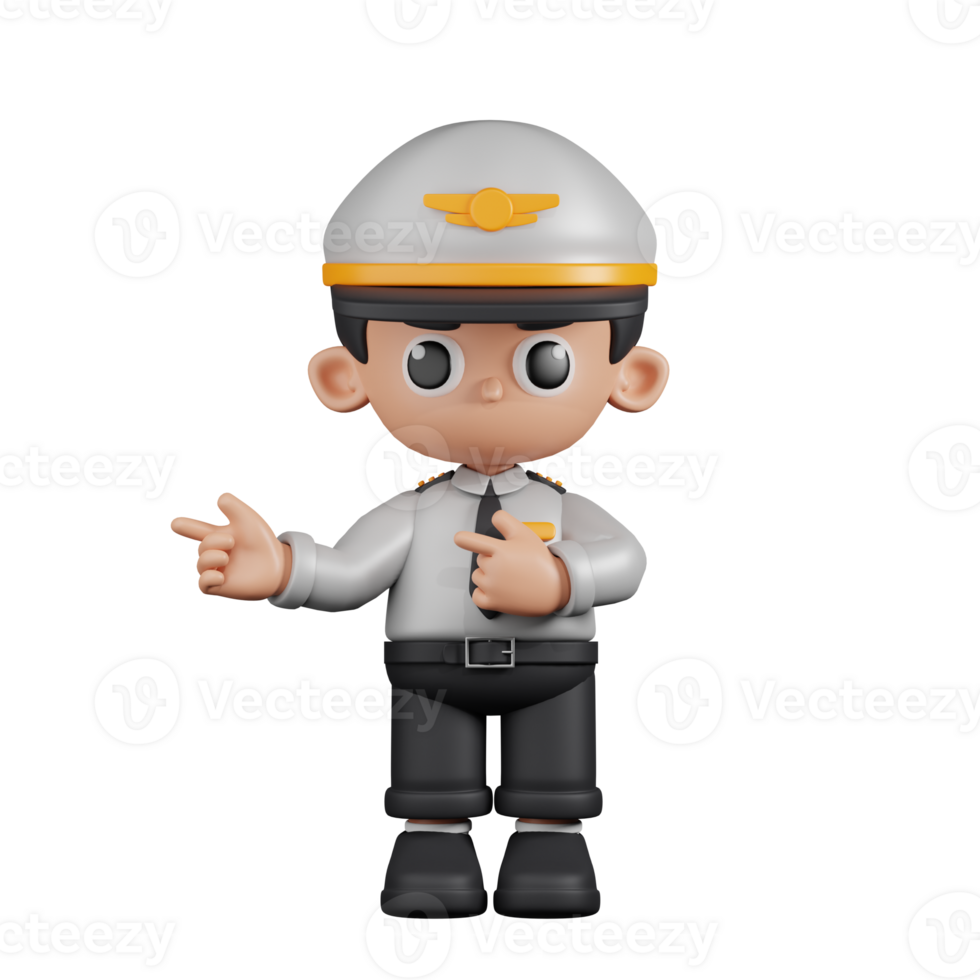 3d Character Pilot Pointing Fingers In Direction Pose. 3d render isolated on transparent backdrop. png