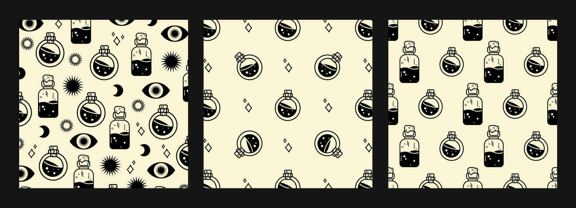 Potion bottles, sparkles, eyes, moon and sun black silhouettes seamless patterns set. Halloween concept flat illustrations. Vector cartoon design for web and print.