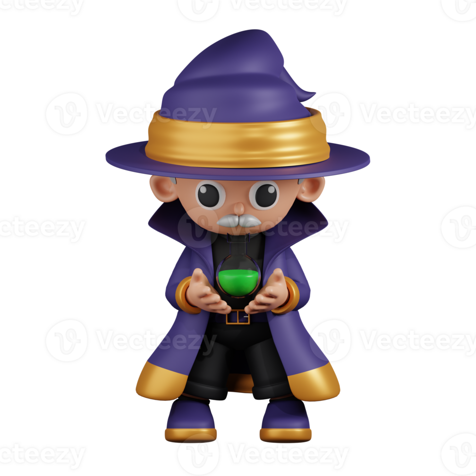 3d Character Wizard Holding Potion Pose. 3d render isolated on transparent backdrop. png