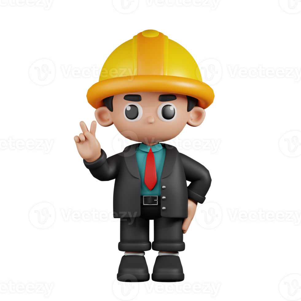 3d Character Engineer Showing Peace Sign Pose. 3d render isolated on transparent backdrop. png