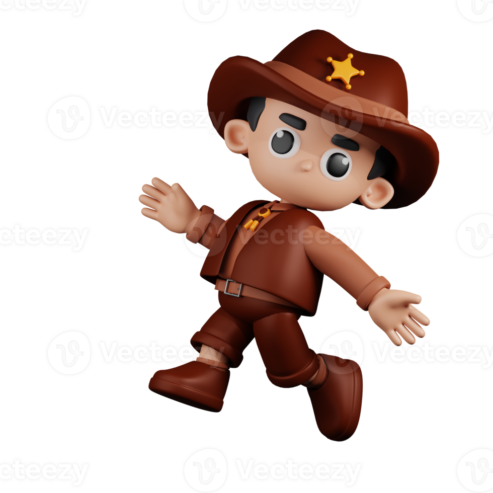 3d Character Sheriff Happy Jumping Pose. 3d render isolated on transparent backdrop. png