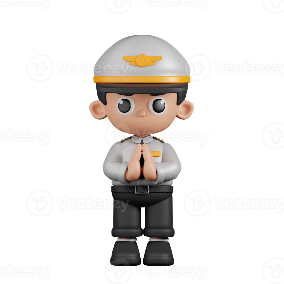 3d Character Pilot Apologizing Pose. 3d render isolated on transparent backdrop. png
