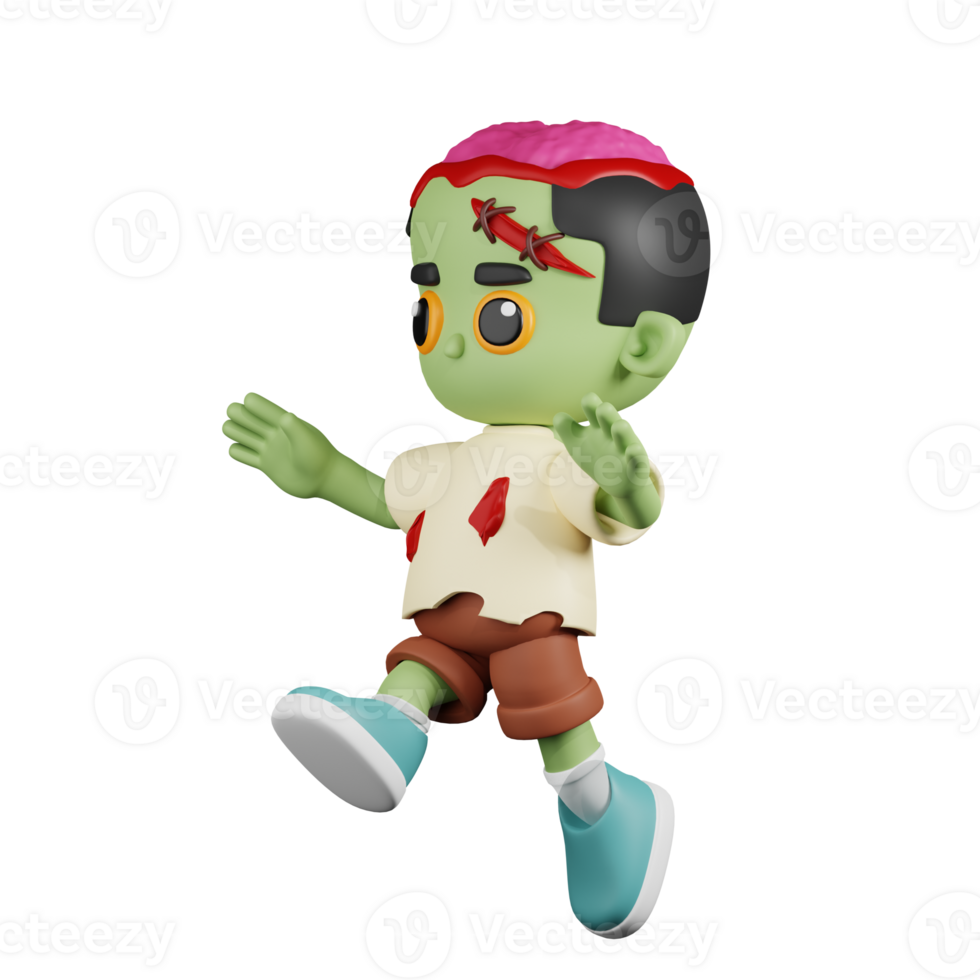 3d Character Zombie Jumping Pose. 3d render isolated on transparent backdrop. png