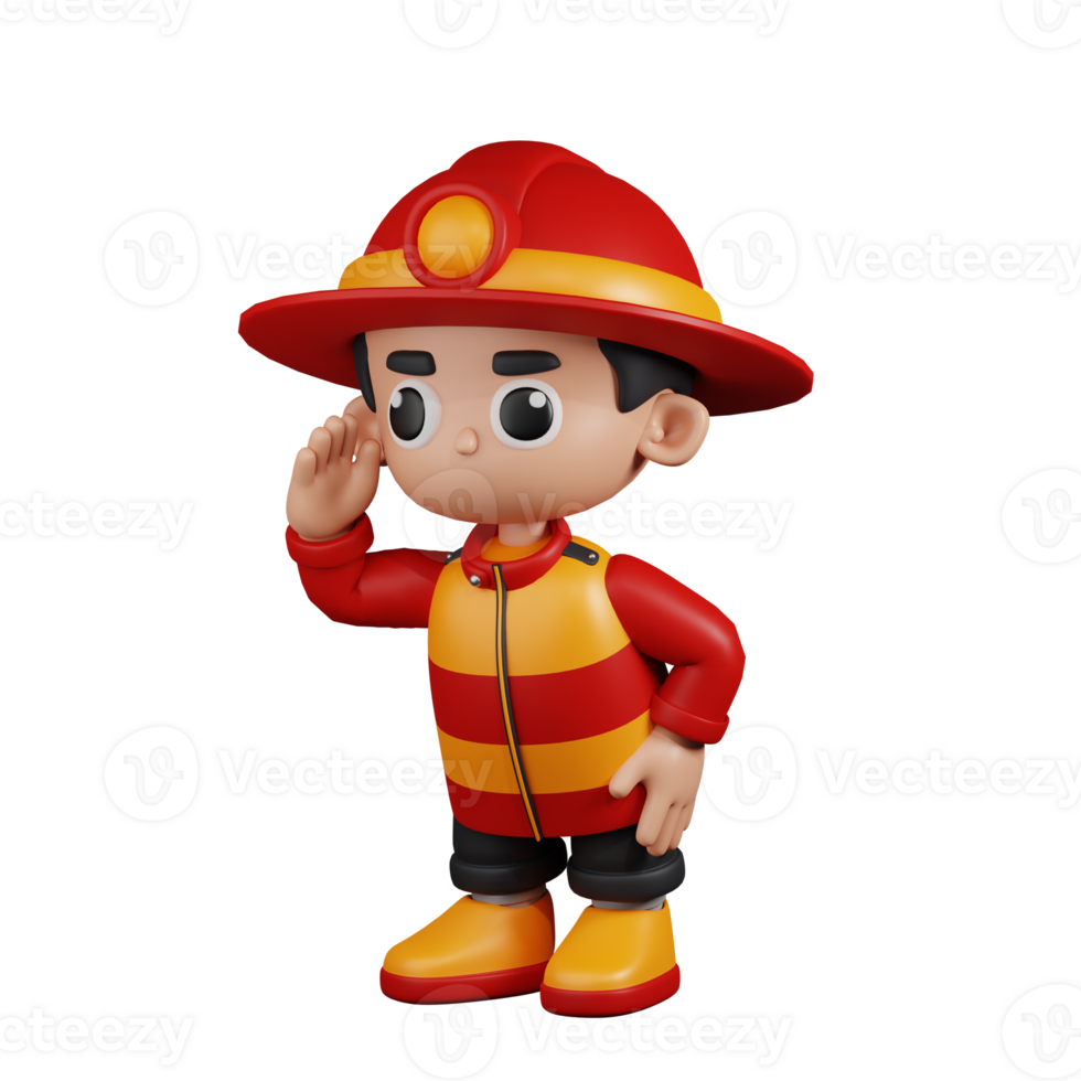 3d Character Firefighter Looking Pose. 3d render isolated on transparent backdrop. png