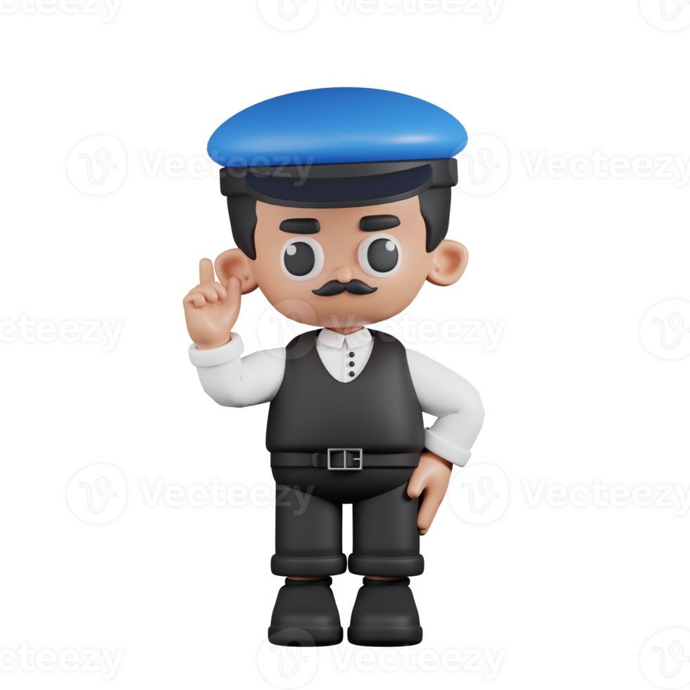 3d Character Driver Pointing Up Pose. 3d render isolated on transparent backdrop. png