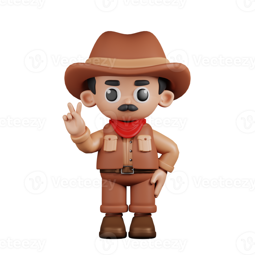 3d personnage cow-boy montrant paix signe pose. 3d rendre isolé sur transparent toile de fond. png