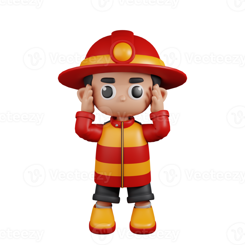 3d Character Firefighter Dizzy Pose. 3d render isolated on transparent backdrop. png