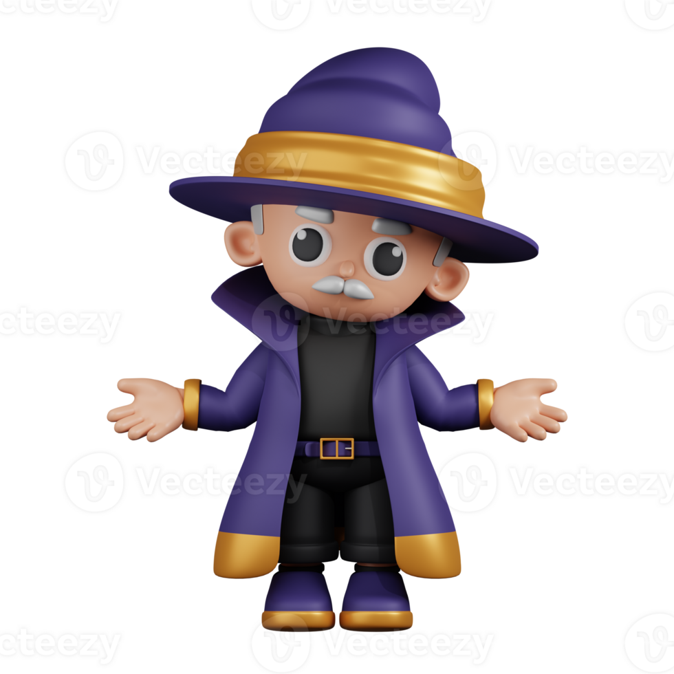 3d Character Wizard Doing The No Idea Pose. 3d render isolated on transparent backdrop. png