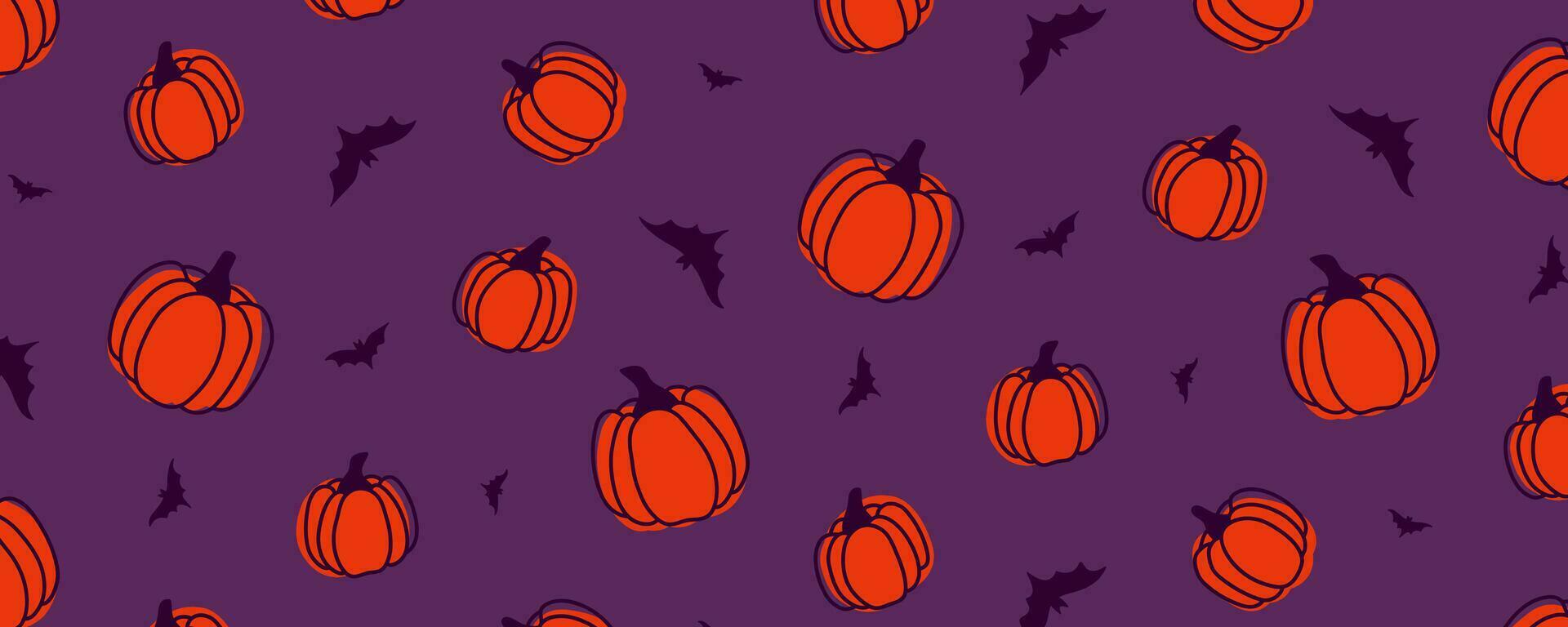 Víspera de Todos los Santos calabaza cosecha murciélago tratar dulce o asqueroso otoño fiesta muerto naranja púrpura Violeta modelo sin costura repetir bienes parafernales conjunto sobrenatural fondo de pantalla envolver textil ropa rito religión cosecha vector