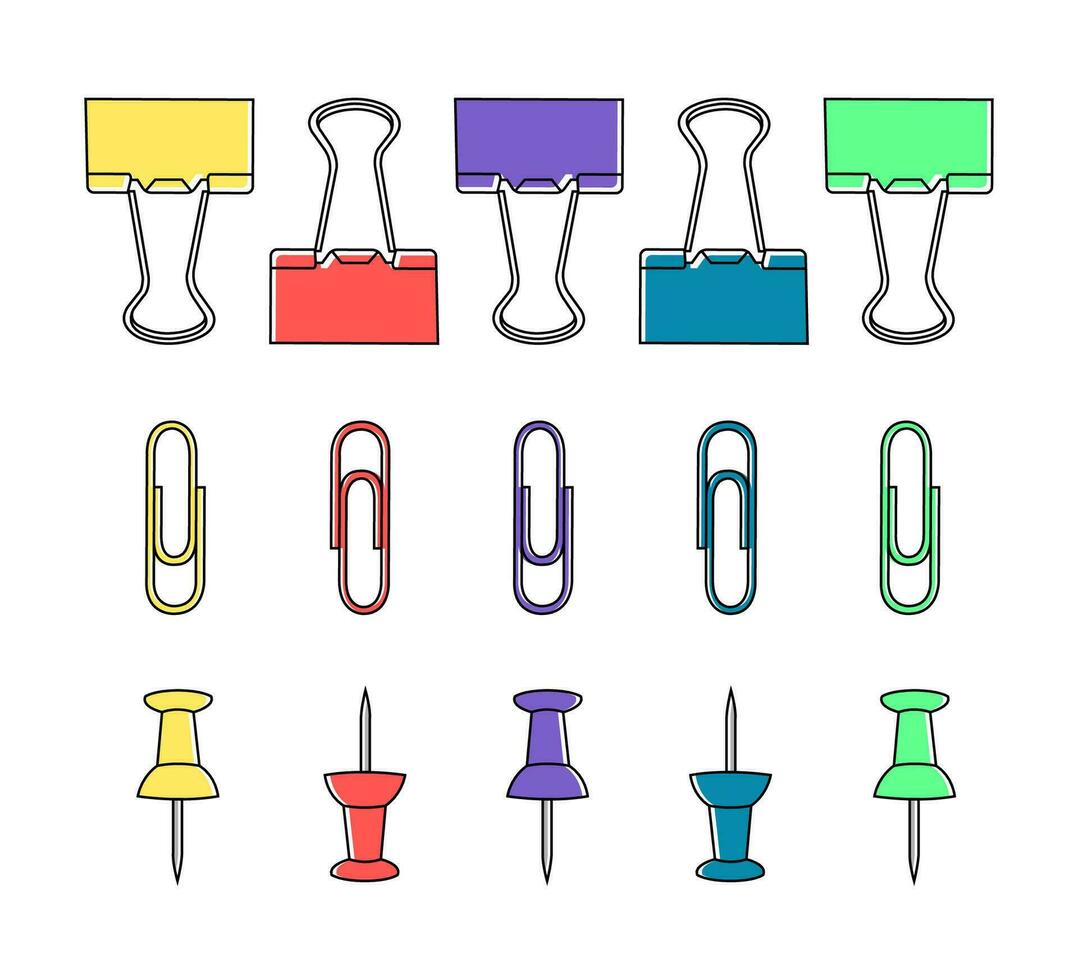 school office college study supplies set colored paper clip pin buttons isolated white background clean lessons knowledge education work cartoon doodle children child learn work multicolored outline vector