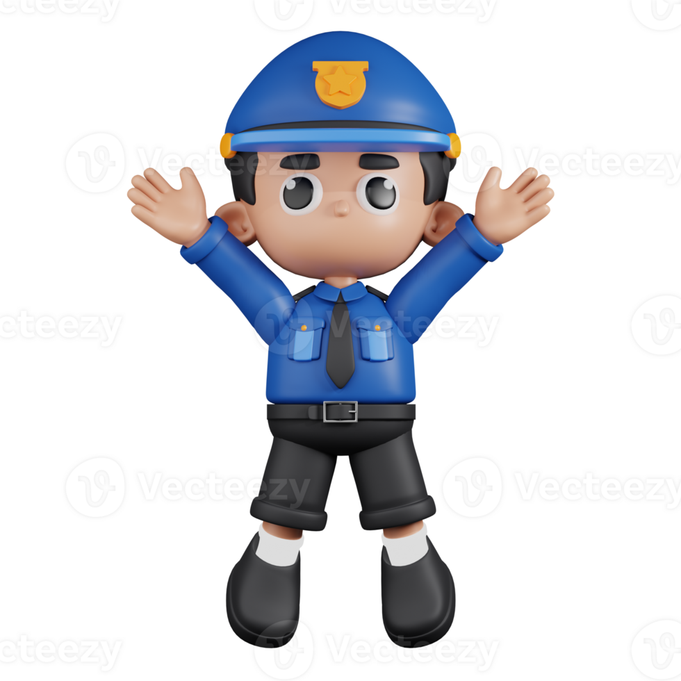 3d Character Policeman Jumping Celebration Pose. 3d render isolated on transparent backdrop. png