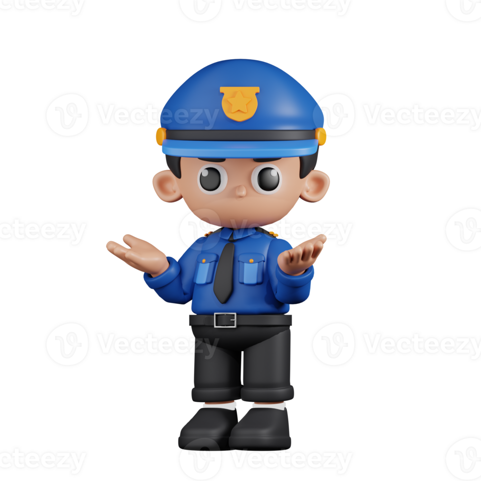3d Character Policeman Confused Pose. 3d render isolated on transparent backdrop. png
